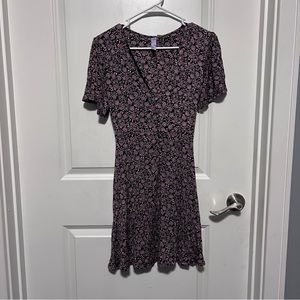 Alya Black Pink Button Down Floral Print Short Sleeve Flowy Summer Dress